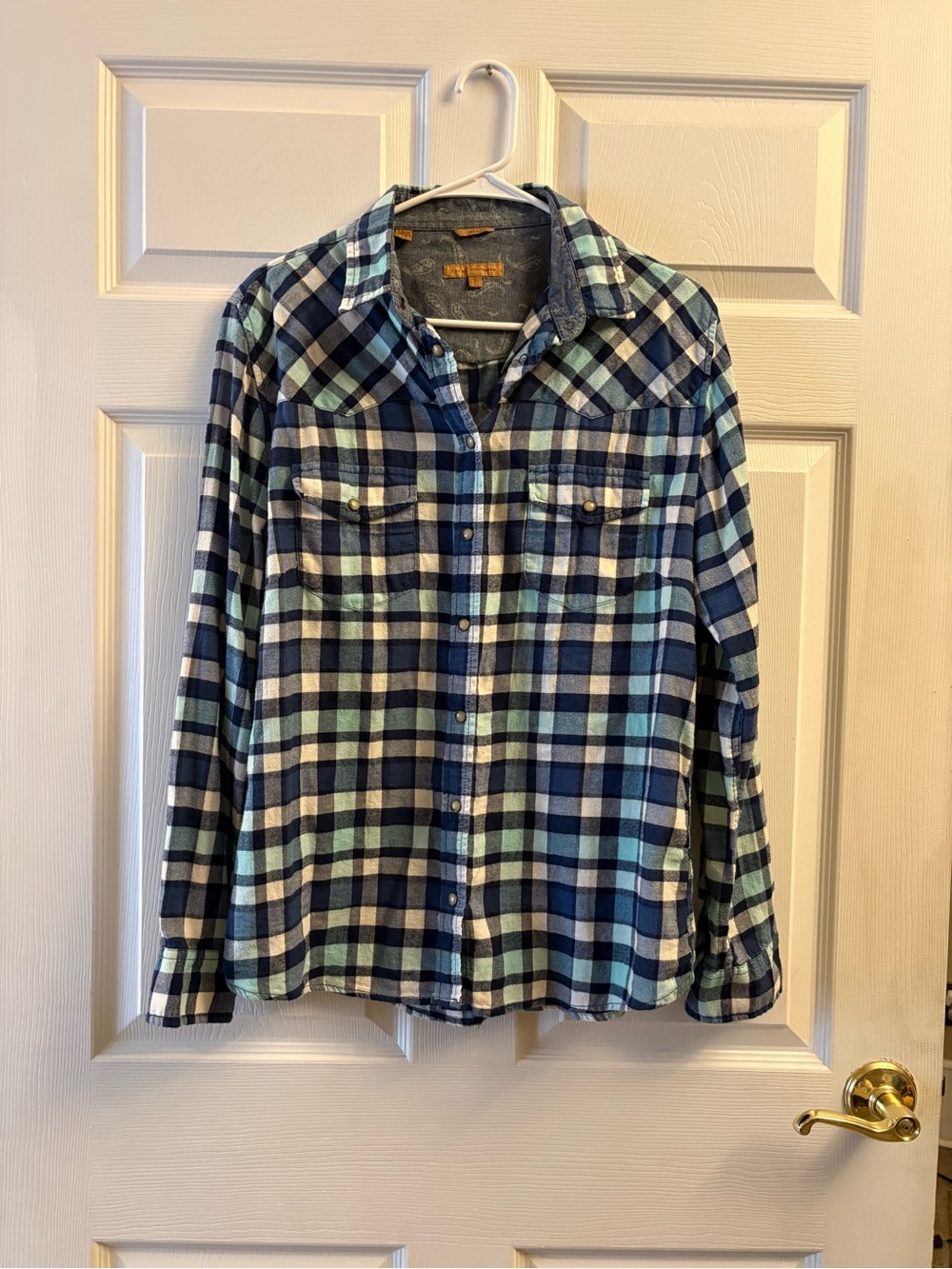 Jachs Girlfriend Bea Navy and Mint Plaid Button-Down Shirt Large